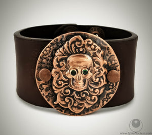 Copper Skull Cuff with Green CZ Eyes